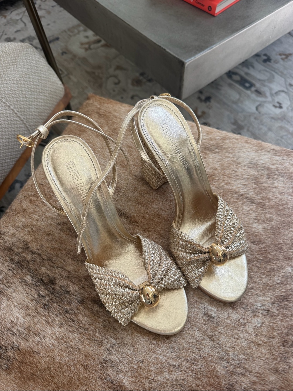 Steve Madden Metallic Gold Braided Block Heel Sandals with Knot and Orb Detail - Picture 4 of 9